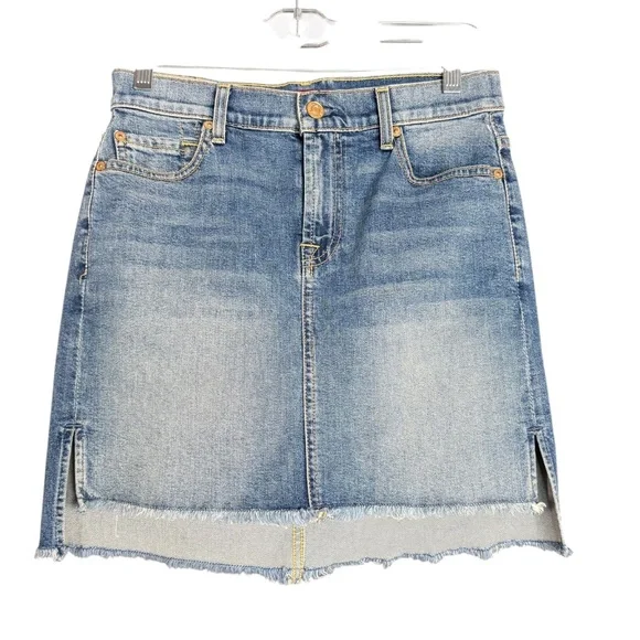 7 For All Mankind Denim Pencil Skirt Frayed Hi Lo Hem Medium Wash Size 24
