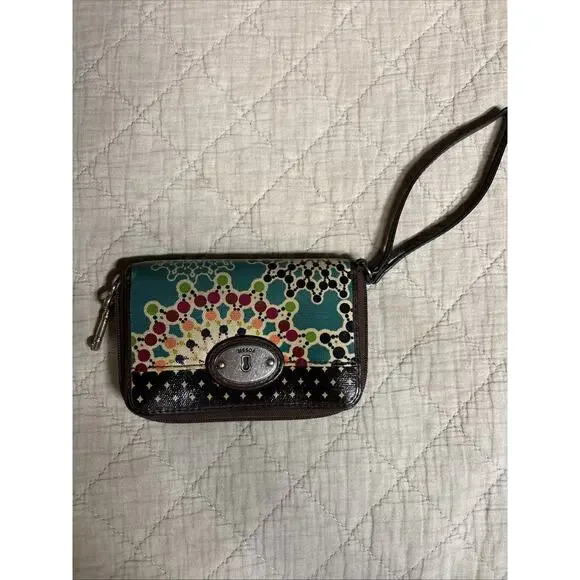 Fossil Key-Per Zip Around Wristlet Floral Print Brown/Turquoise /Multi colored