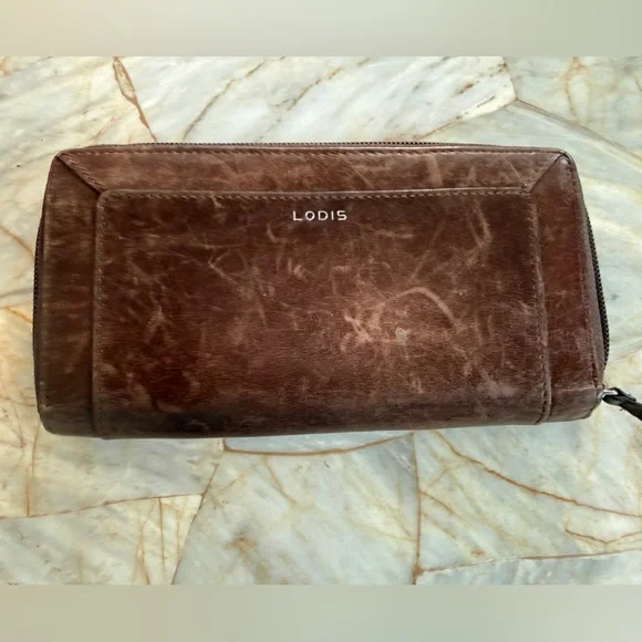 Lodis Brown Distressed Leather Zip Around Continental Wallet Organizer