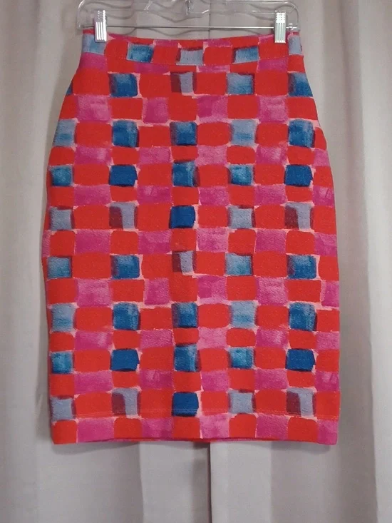 Anthropologie Maeve Slim Bodycon Midi Skirt Vibrant Mod Check Pattern Stretch