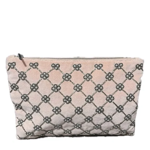 Loft Pink Velvet Beaded Zip Cosmetic Bag w/ Interior Pocket, NWOT
