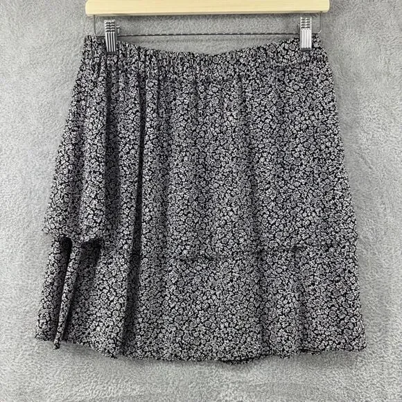 J Crew Skirt Womens M Black Beige Floral Tiered Pull-On Elastic Waist Casual