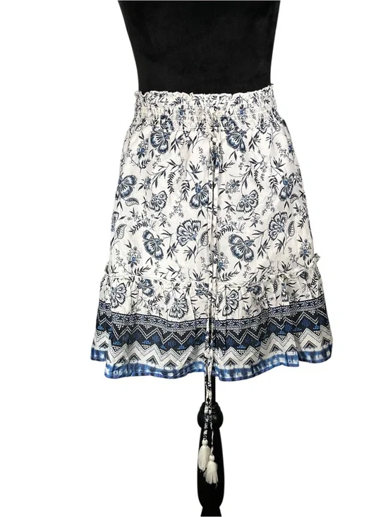 BeachLunchLounge Skirt Blue White Floral Prairie Cottagecore Peasant Ruffle