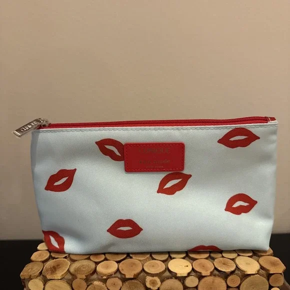 CLINIQUE x‎ KATE SPADE Cosmetics Makeup Travel Bag Aqua & Red Lips Print  NEW