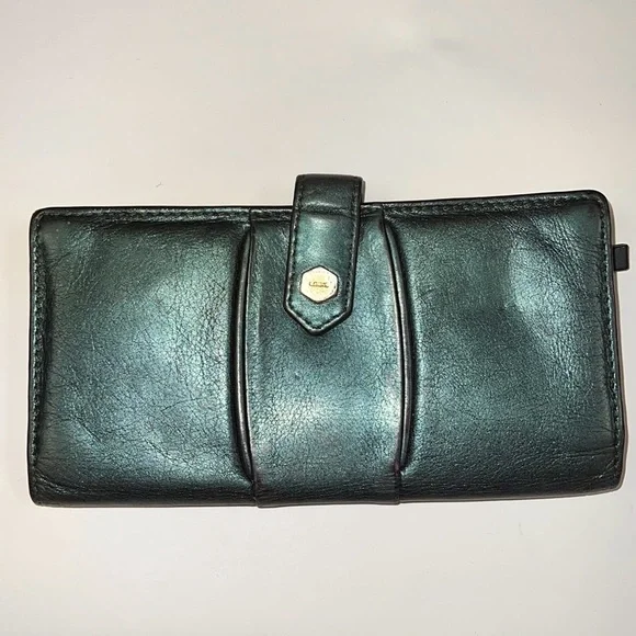 Lodis Green Metallic Leather Snap Clutch Wallet