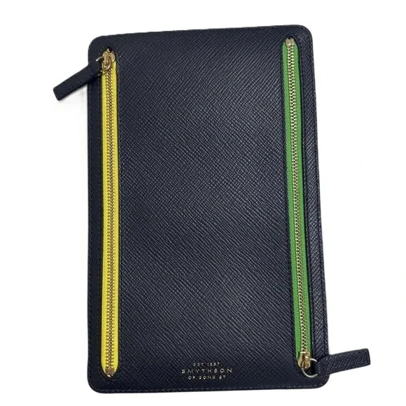 SMYTHSON Panama Travel‎ Wallet Navy Leather Document Holder Zip Bond Street