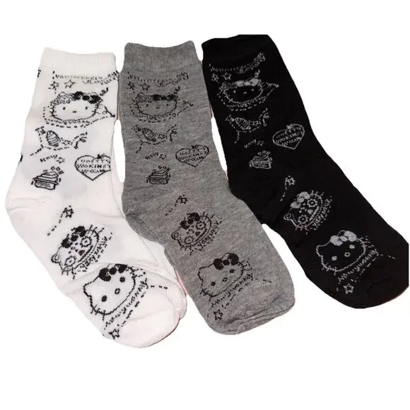 Set Of Three Pairs Women’s Black, Gray, White Hello Kitty Crew Socks
