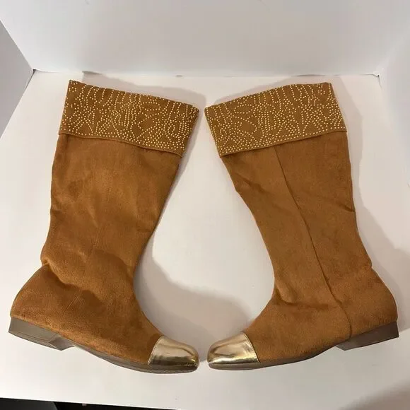 Joann Boyce Studded Captoe Boots Faux Suede Brown | Women Size 9