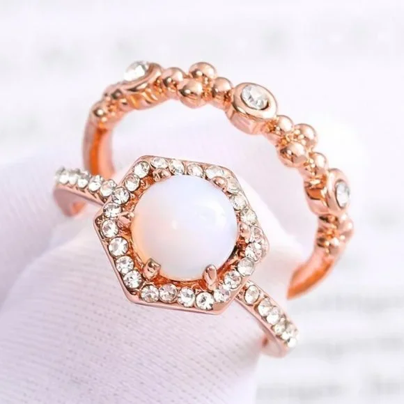 NEW Rose Gold 2pcs/set Hexagonal Opal Ring