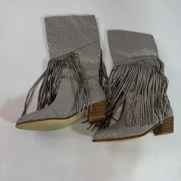 FHSGEG Boots Womens Size 12 Silver Rhinestone Fringe Western Cowboy Knee High