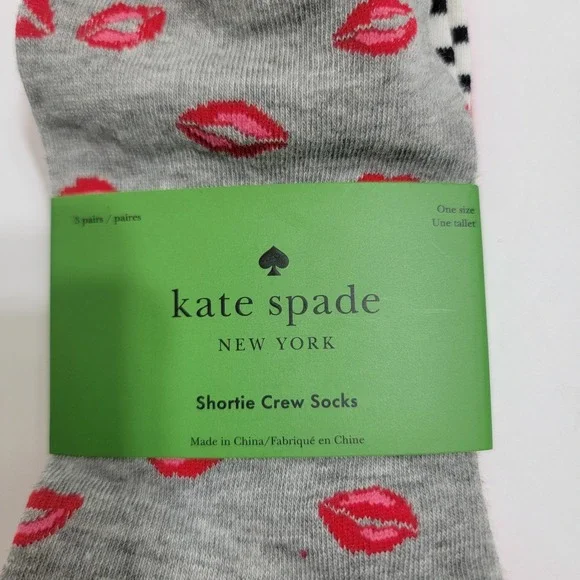 NEW Kate Spade New York Shortie‎ Crew Socks 3 Pairs Lips Kiss Stripes Polka Dots