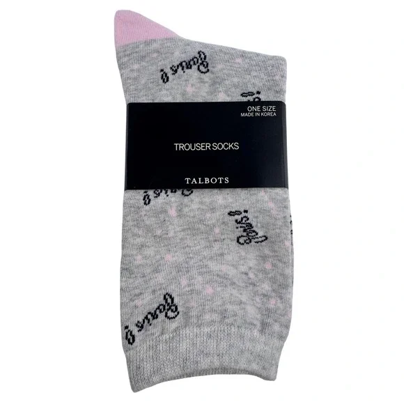 Talbots Women's Trouser‎ Socks Paris Script Gray Pink Cotton Blend NWT Art Deco