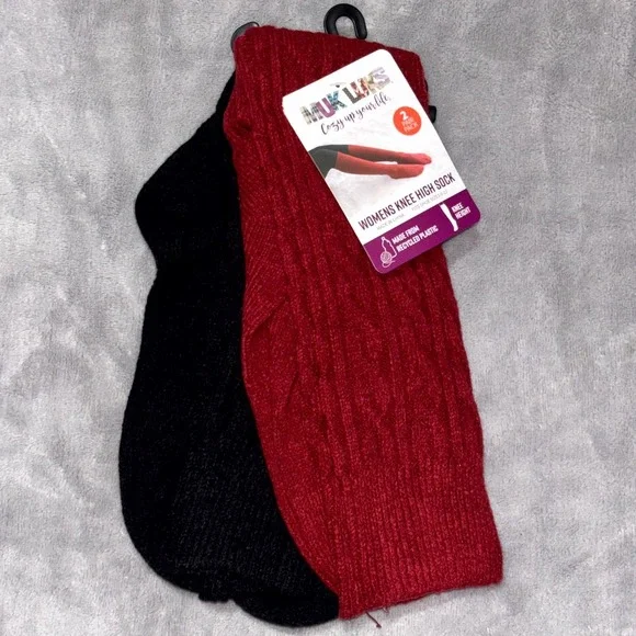 Muk Luks Cozy Up Your Knee High Socks Womens OS‎ (6-11) Red Black 2 Pair Pack
