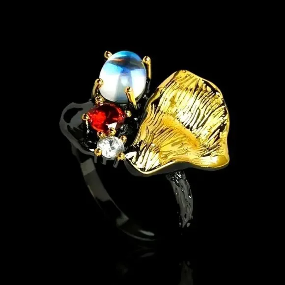 925 Hand crafted Gothic Black Moonstone Zircon Ring unisex