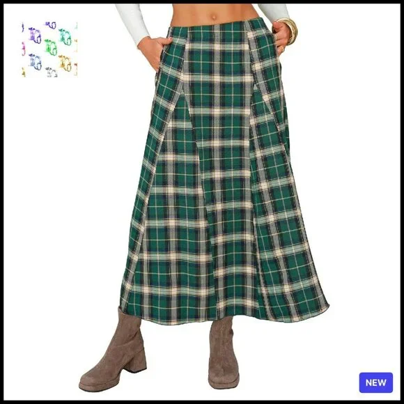 Flannel Plaid Maxi Skirt High Waist A-Line Flared Vintage Style with Pockets