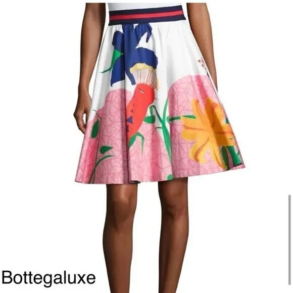 Alice + Olivia Earla Bird Print High Waist Flare A Line Pleated Skirt Womens 2