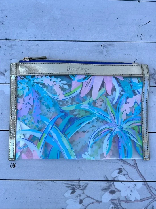 Lilly Pulitzer Blue Floral Clear Pouch with Gold Trim