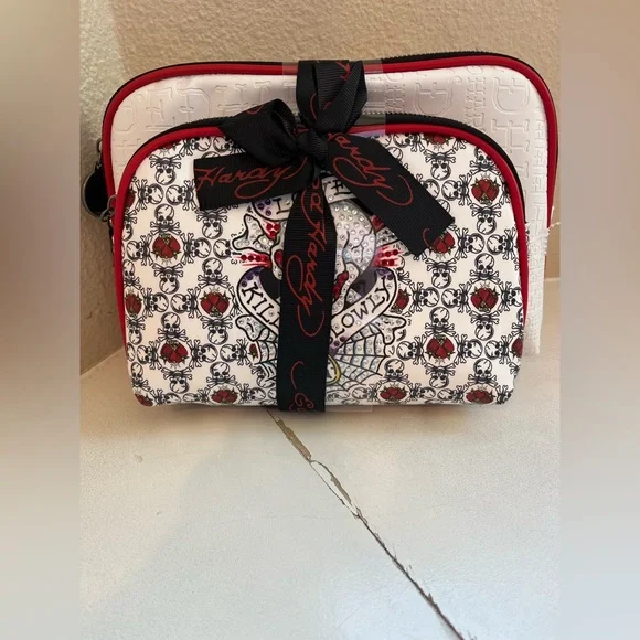 Ed Hardy Red White Black Patterned Cosmetic Makeup Bag Set