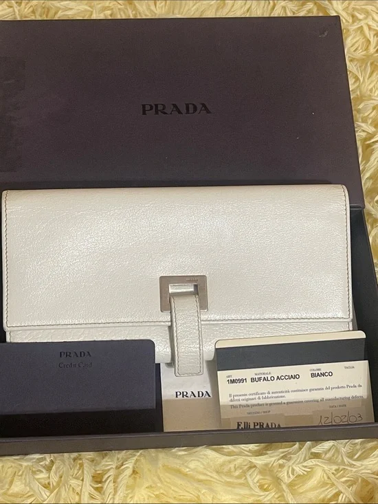 Authentic Vintage Prada Bianco Leather Flap Wallet with Silver Hardware