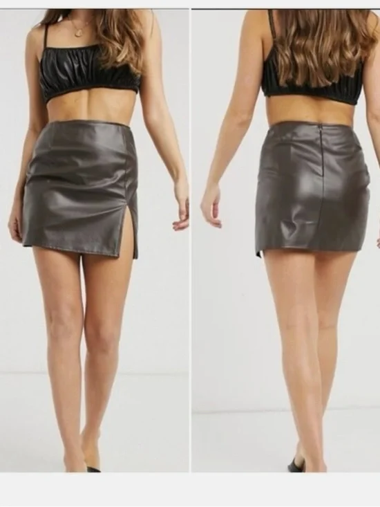 Motel Brown Faux Leather Mini Skirt Side Slit Size Large Y2K