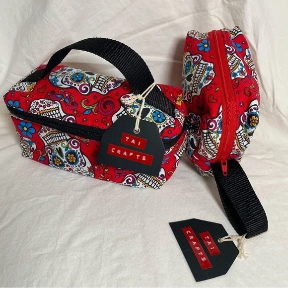 Handmade Accessories Bag Set Red & White Skull pattern with zipper openings. New