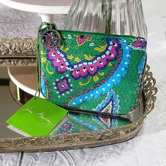Vera Bradley Emerald Paisley Shimmer Zip Pouch Card Case