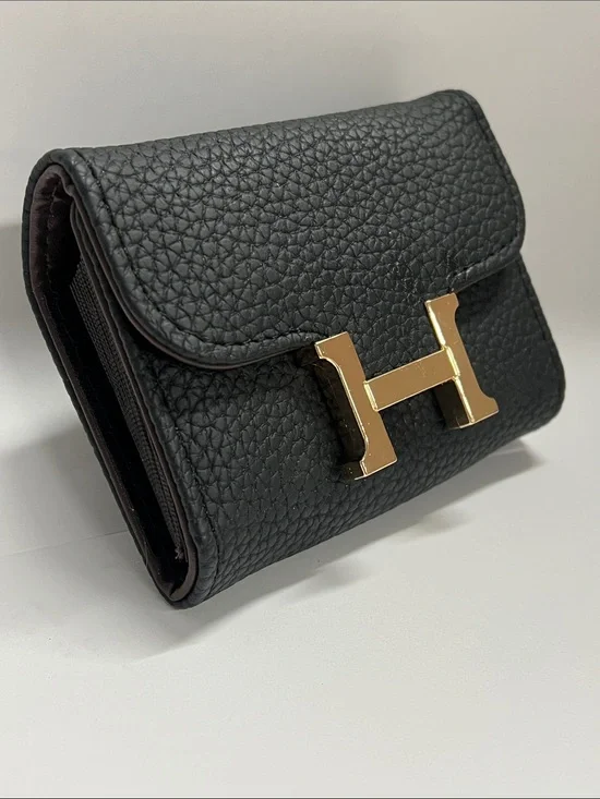 Pebbled Black Vegan Leather Credit 11 Card Snap Wallet Goldtone Metal H Snap