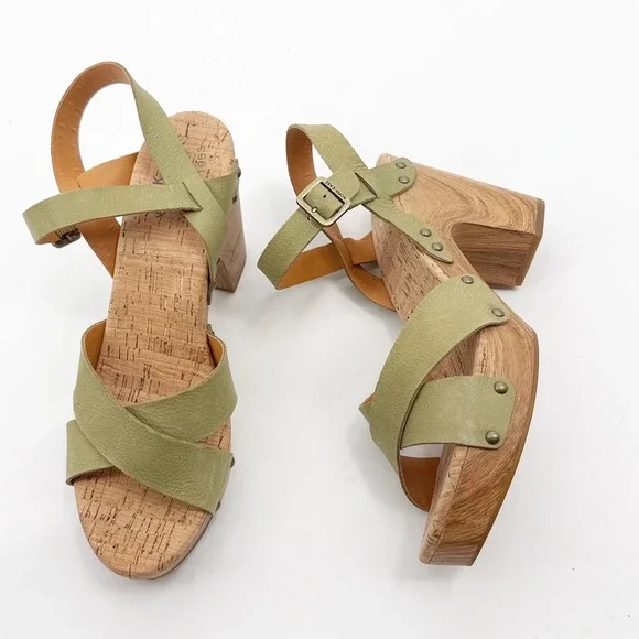 Kork-Ease Drew Green Leather Platform Sandal Wood Block Heel Clogs size 11