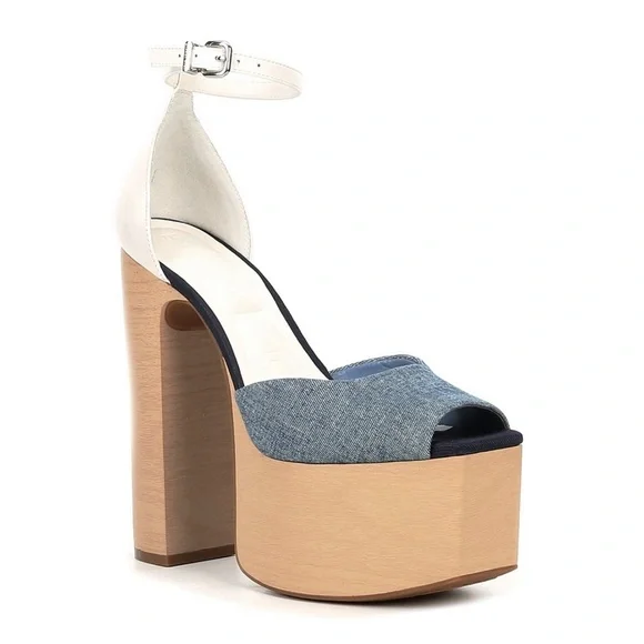 NEW Gianni Bini Fenix Denim Peep Toe Woodgrain Platform Pumps