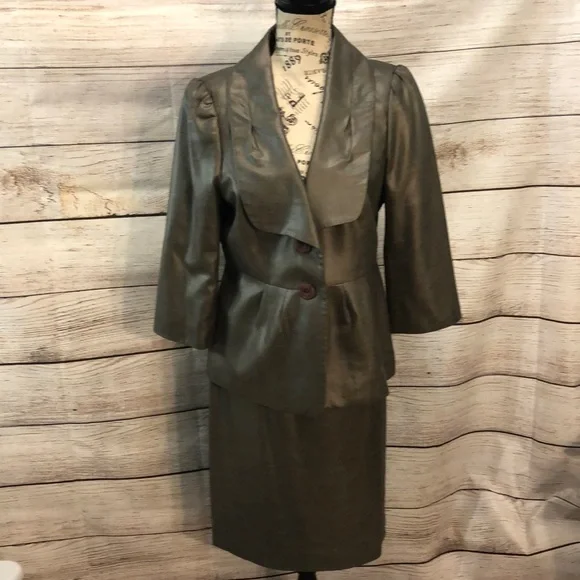 Classiques Entier Skirt Set Peplum Jacket Brown Gold Sheen Size Medium 8