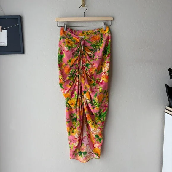 La Fuori Skirt Pink Floral Print Silk Maxi Skirt w Drawstring‎ Ruched