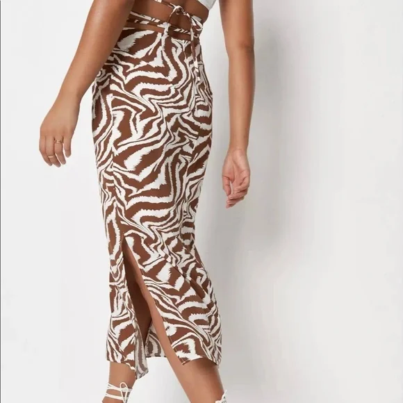 Missguided zebra print tie waist midi skirt with slit (size 6/M)