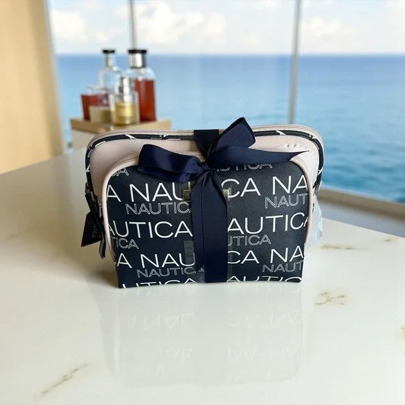Nautica 2PC Trap Set Travel Cosmetic Makeup Bag Blush Navy‎ NWT