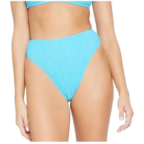 L Space Barlette Bitsy Bikini‎ Bottom Aquamarine Blue Smocked High Waist Size XS