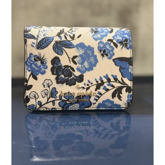 Kate Spade Madison Vase Floral Printed Med Blue White Leather  Wallet