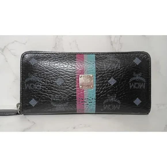 MCM Black Visetos Leather Large Zip-Around Wallet with Pink Gray & Blue Stripes
