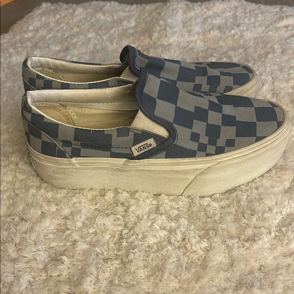Vans Classic Stacked Platform Blue and Gray Checkered Slip-Ons 5 M 6.5 W