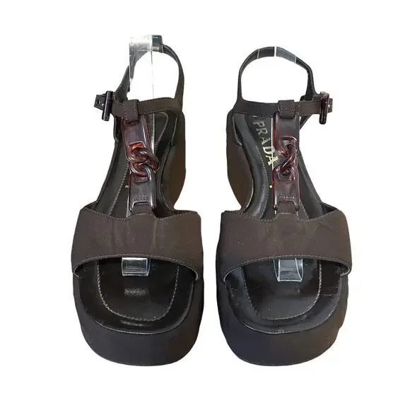 Prada vintage brown platform wedge tortoise chain sandals  Y2K 8