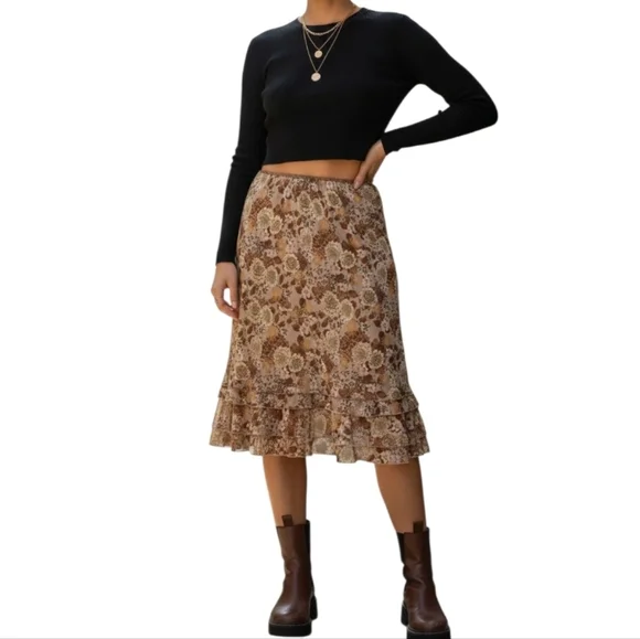 Vintage brown mesh floral midi skirt