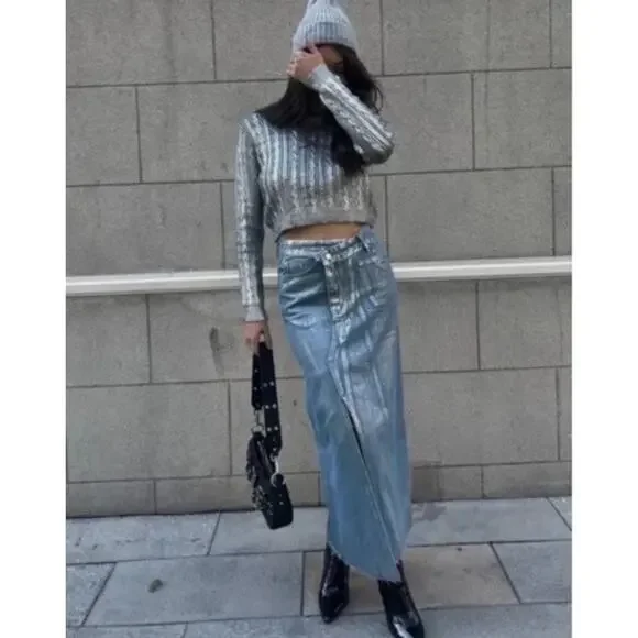 ZARA Asymmetric Midi Skirt Denim Silver Metallic Crossover Waist M