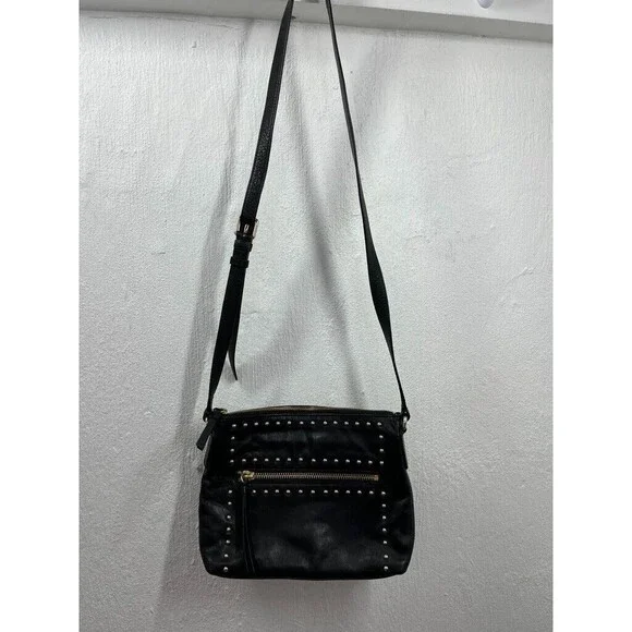 COLE HAAN WOMENS BLACK LEATHER STUDDED CROSSBODY SHOULDER BAG