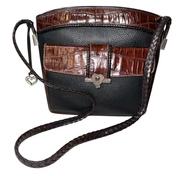 Brighton Black Brown Croc Embossed Leather Crossbody Purse w Organizer