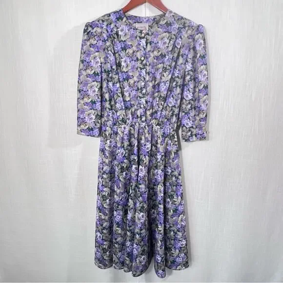Vintage 70’s California Looks Floral Long Sleeve Button Front Dress Size 12P