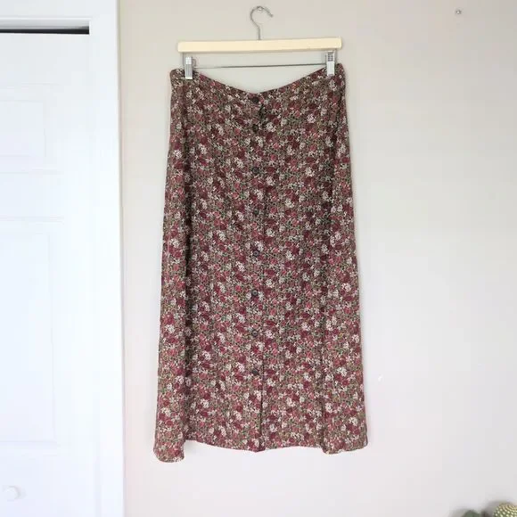 Christopher & Banks Red Floral Button Midi Skirt Fairy Grunge Dark Modest 8