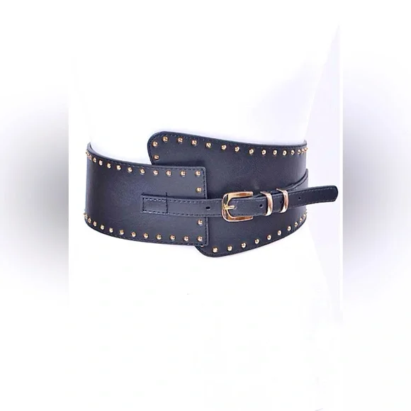 Black & Gold Vegan Leather Elastic Waist Corset Statement Belt