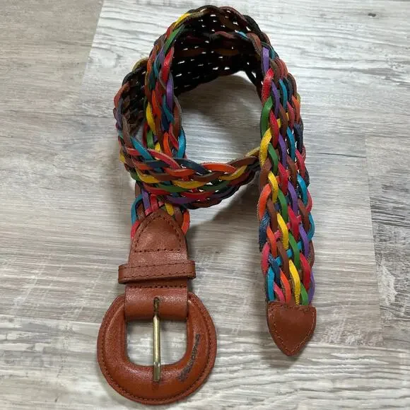 Capezio Rainbow Braided Leather Belt Round Buckle Boho S/M Argentina