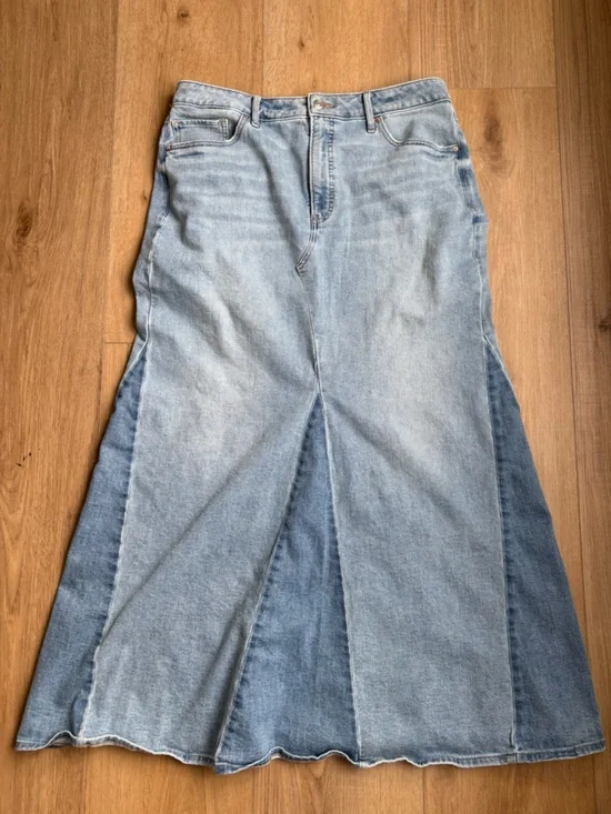 Express Light Blue Patchwork Denim Long Skirt Size 12 Coastal Cowgirl