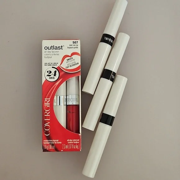 Cover Girl all day out last lip color #507 EVER RED-DY plus 3 Extra Lip Balm
