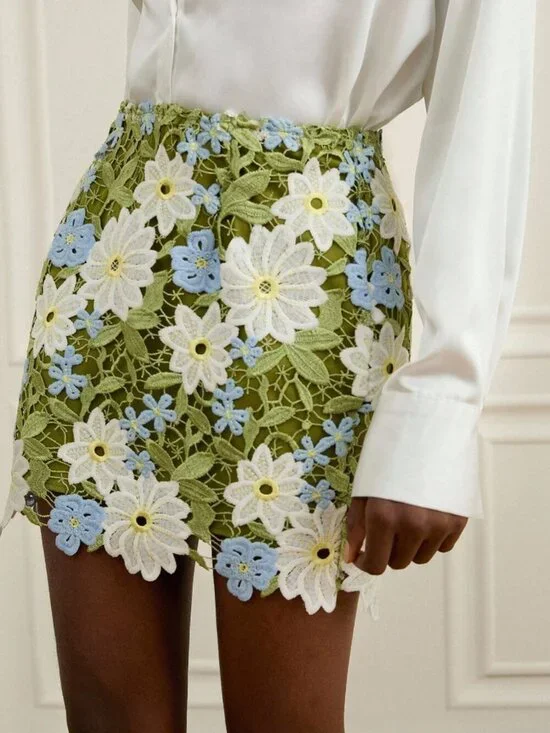 Green Elegant Women's French Luxury Crochet  Lace Floral High Waist Skirt