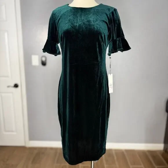 Calvin Klein Velvet Sheath With Flutter Sleeves, Green, 10